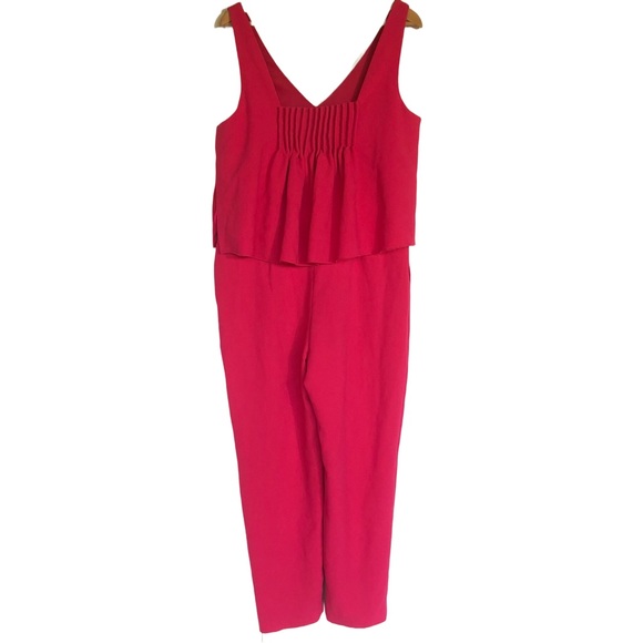 Trina Turk Oceanside Classic Crepe Jumpsuit 12 Hot Pink Fuchsia Pleated Flounce - Picture 7 of 15